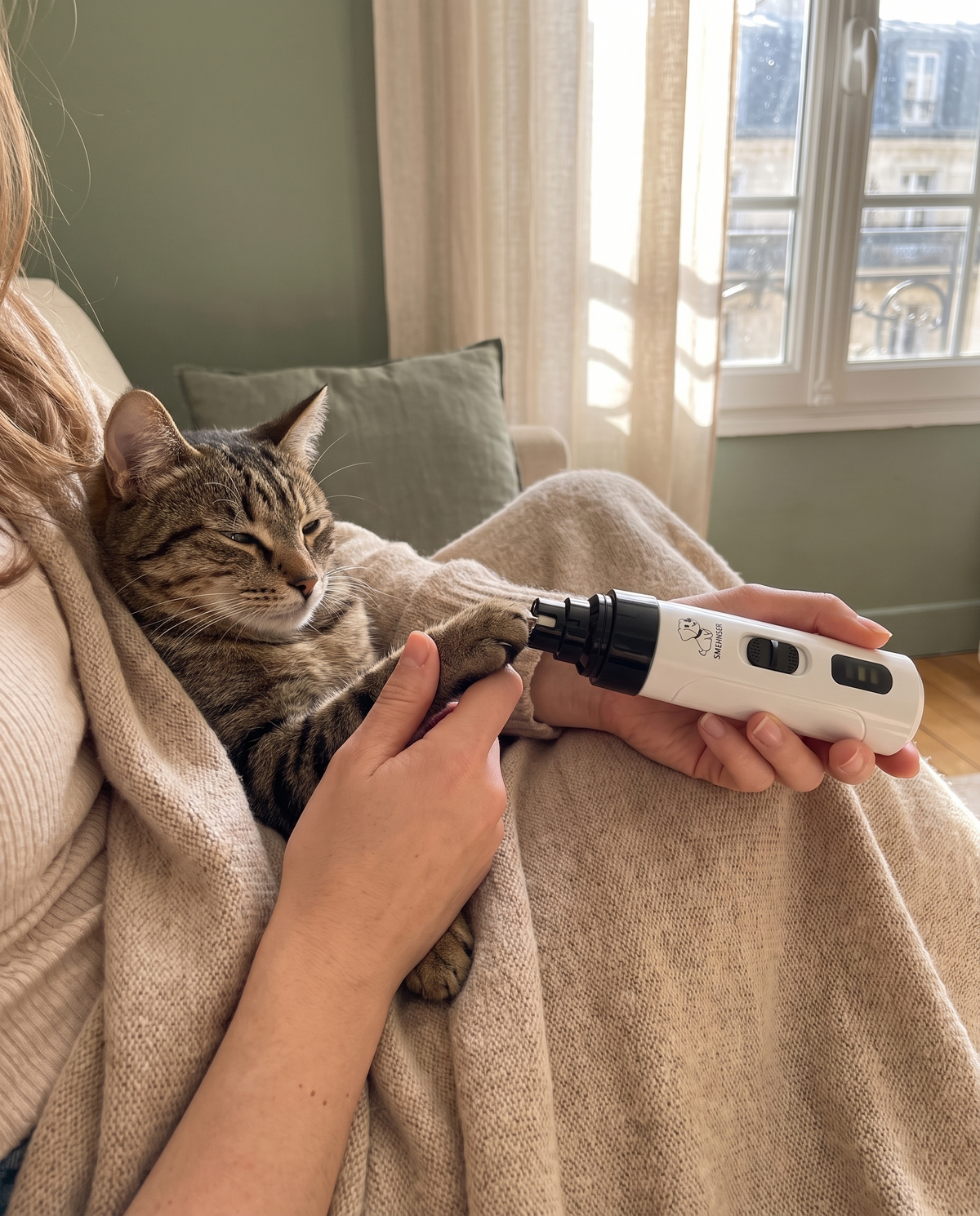 Chat tigré calme pendant le limage de ses griffes avec la lime Cajole