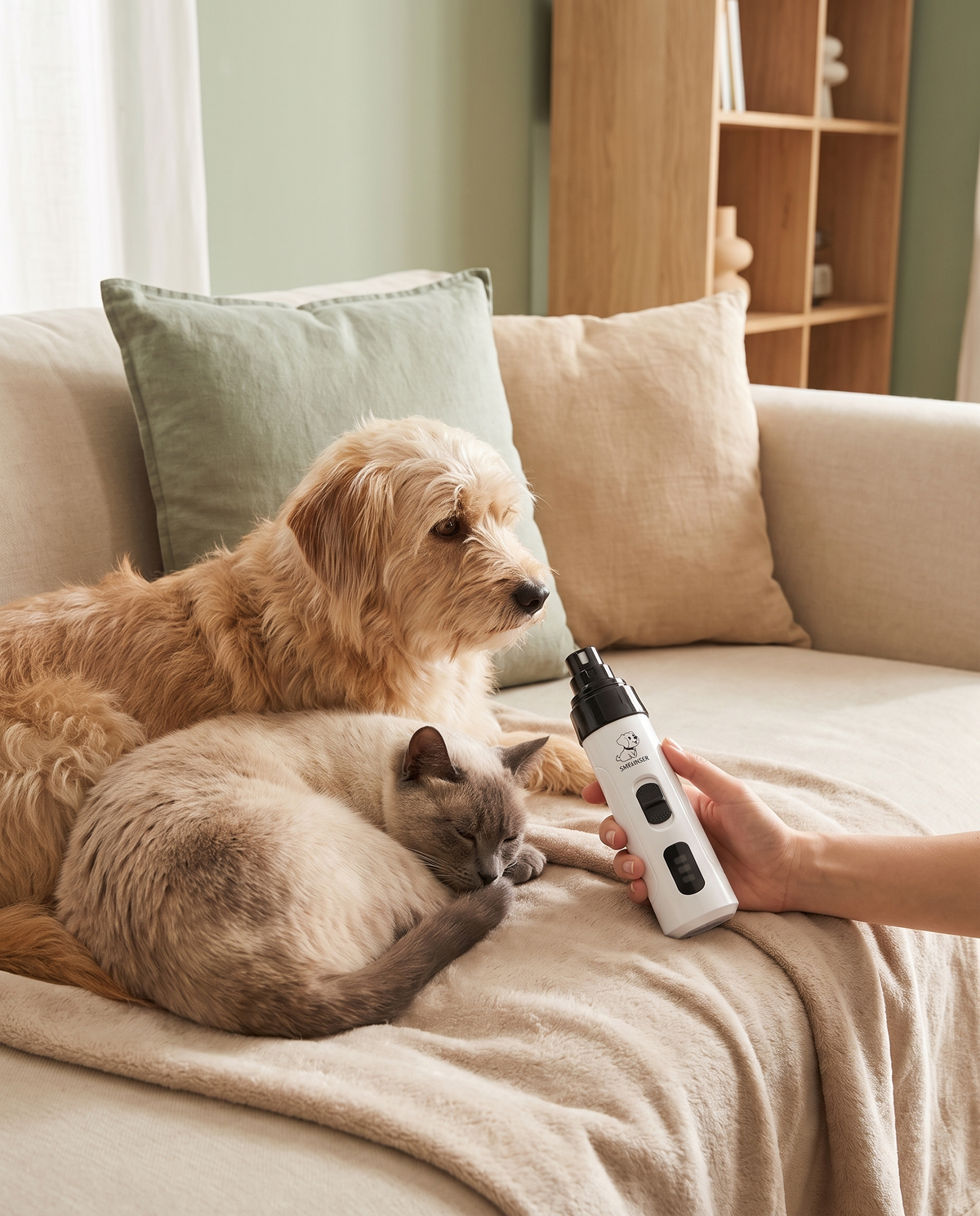 Un chien et un chat détendus sur un canapé, à côté de la lime Cajole