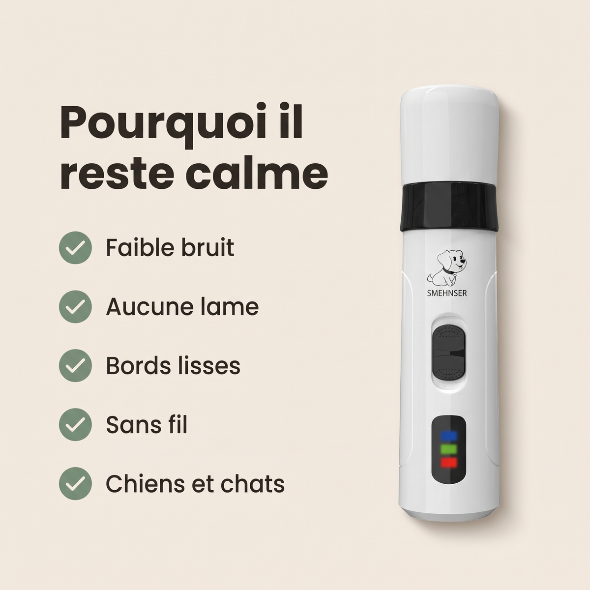 Pourquoi il reste calme : faible bruit, aucune lame, bords lisses, sans fil, chiens et chats