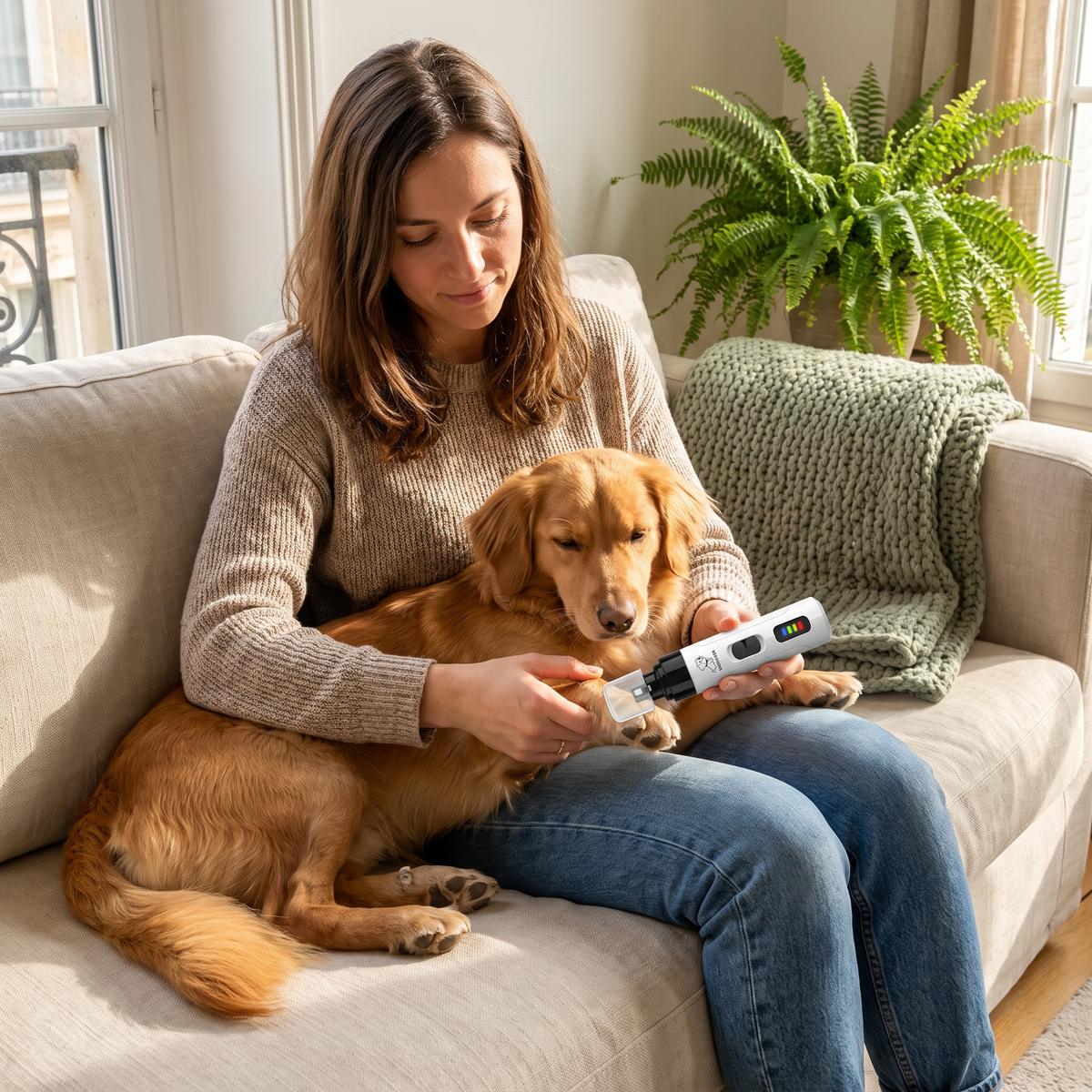 Femme limant seule les griffes de son chien détendu sur ses genoux