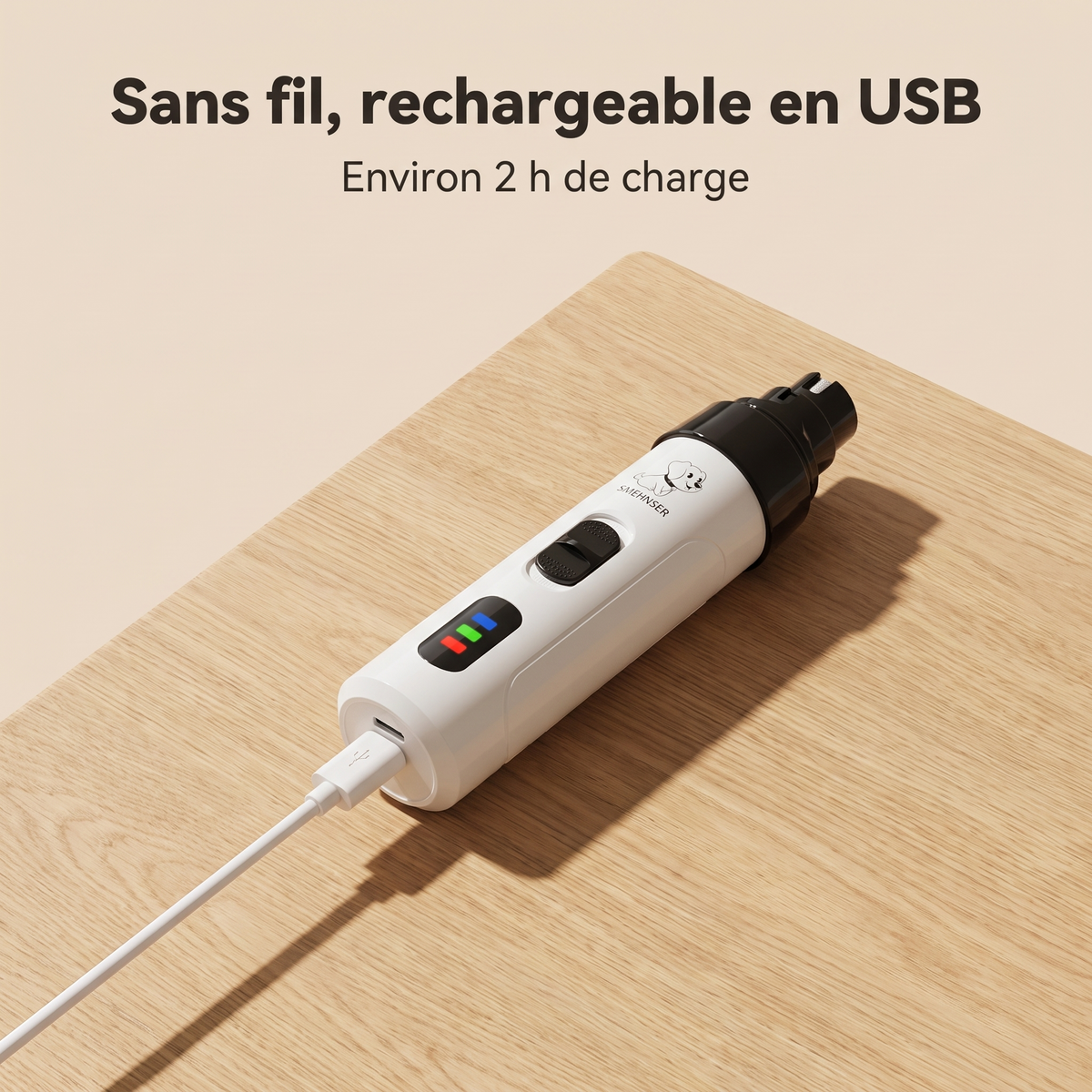 Sans fil, rechargeable en USB, environ 2 h de charge